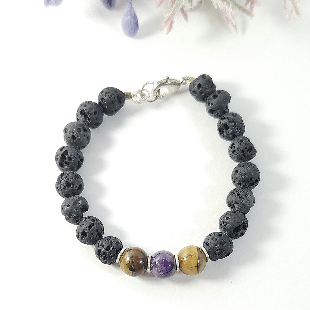 Handmade Sterling Silver Lava Stone with Natural Amethyst & Tiger's Eye Bracelet